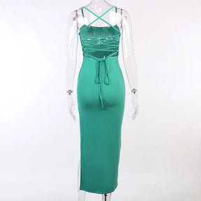 Backless Bandage Slit Dress Knitted Fabric Solid Color Strap Long Dress