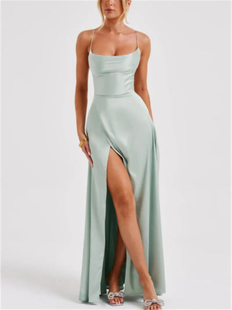 Formal Dress Elegant Solid Color Backless Split Evening Gown