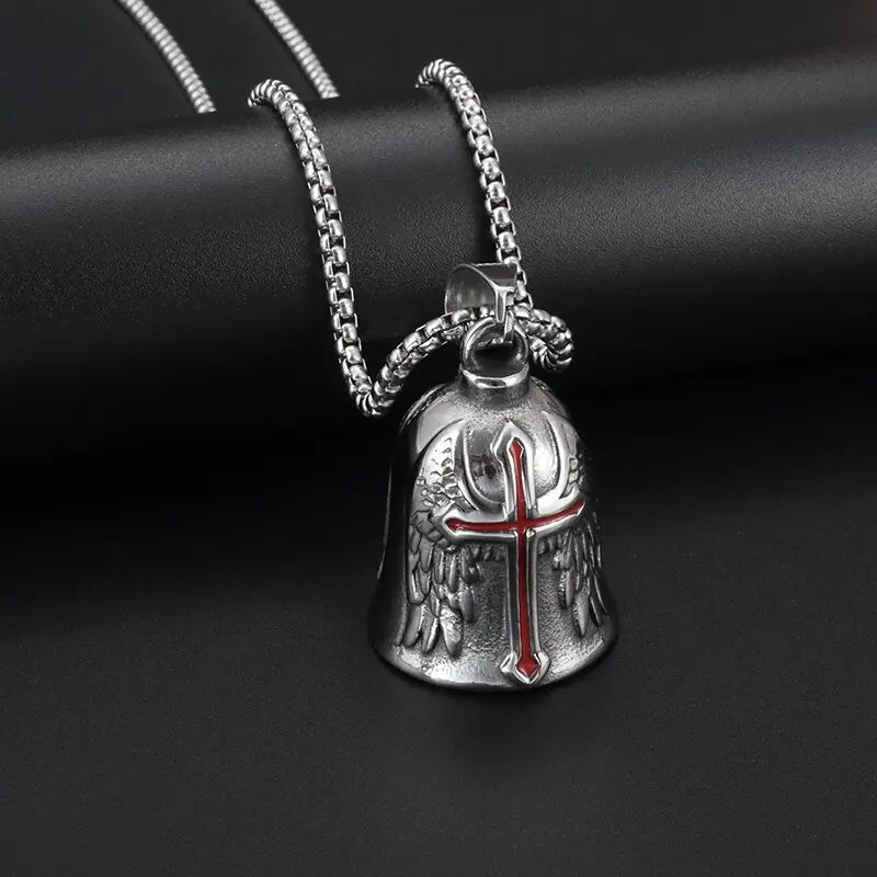 Red Cross Silver-Plated Wings Motorcycle Bell Pendant Necklace