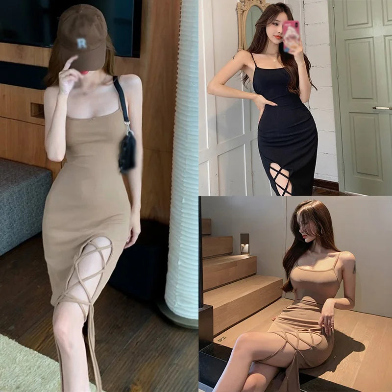 French Slim Fit Split Strap Dress Sleeveless Strap Dress