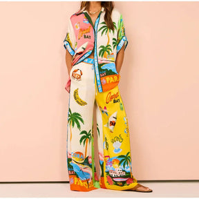 Beach Printed Lapel Shirt Pants Suits