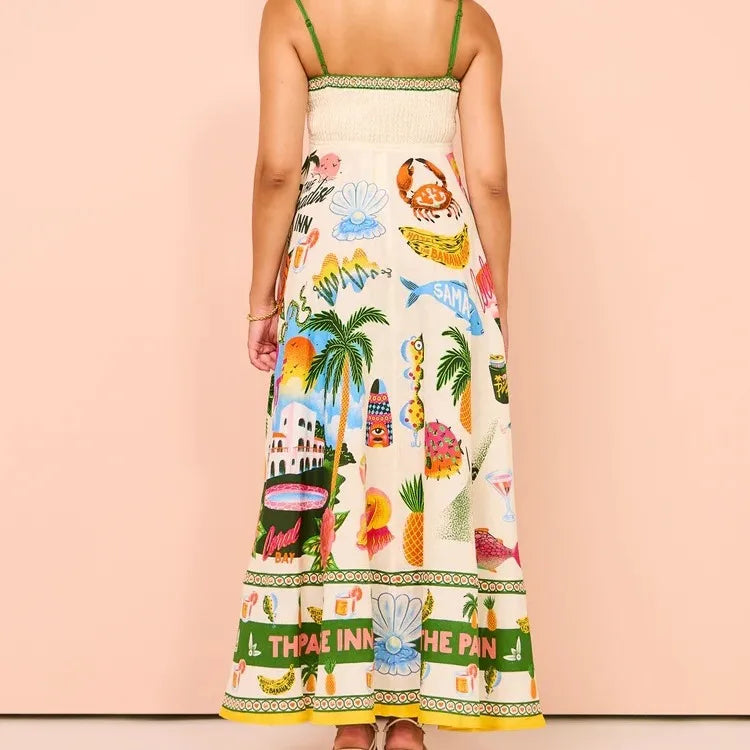 Beach Spaghetti Strap Long Dress Printed Backless Sleeveless Drawstring Dress