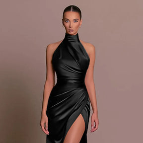 Satin Sleeveless Backless Halter Side Slit Sexy Elegant Maxi Dress