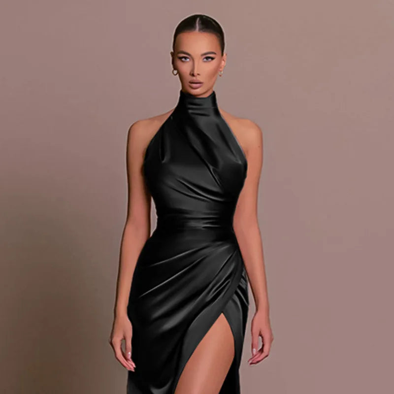 Satin Sleeveless Backless Halter Side Slit Sexy Elegant Maxi Dress