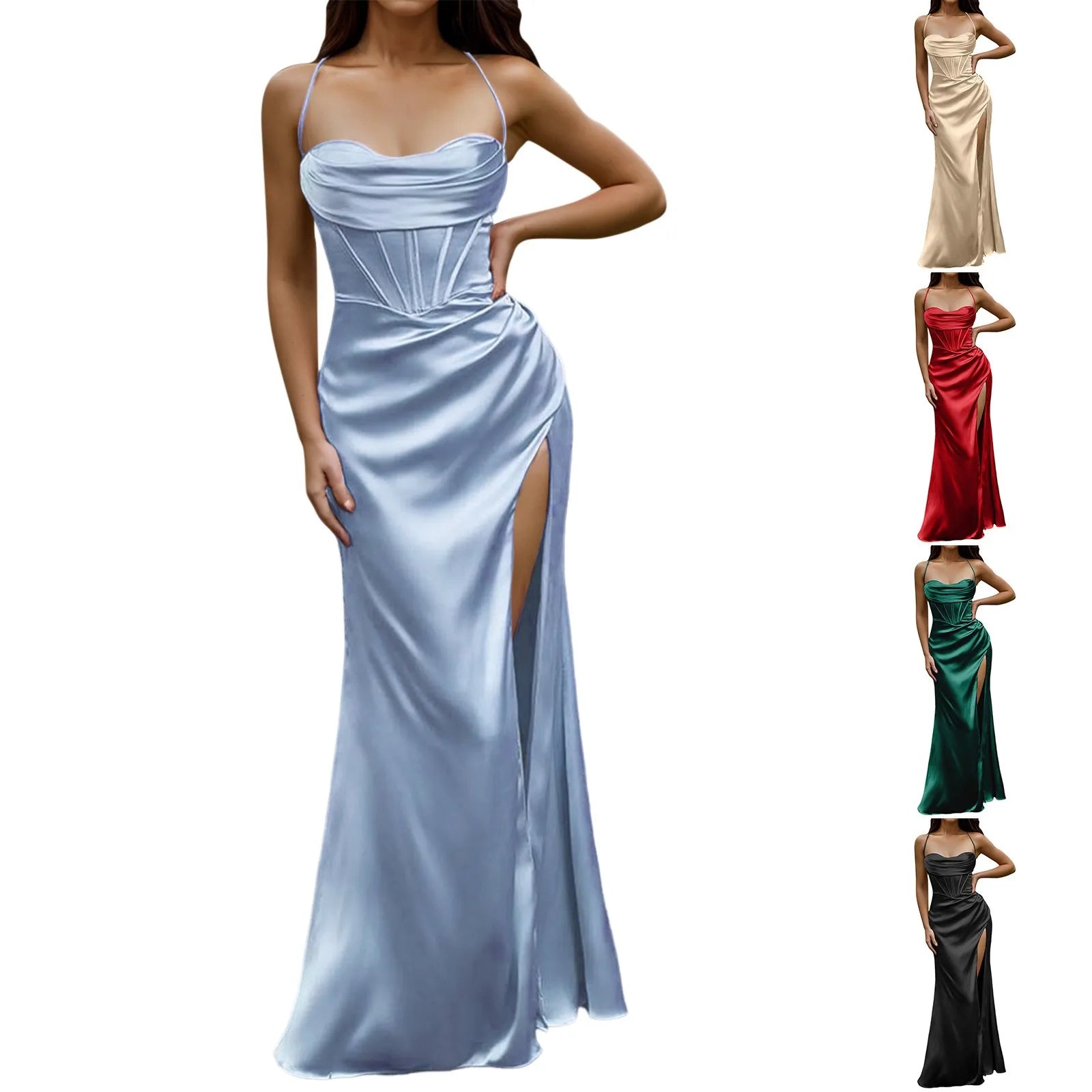 Spaghetti Strap Satin Corset Fishbone Push Up Bodycon Party Long Dress