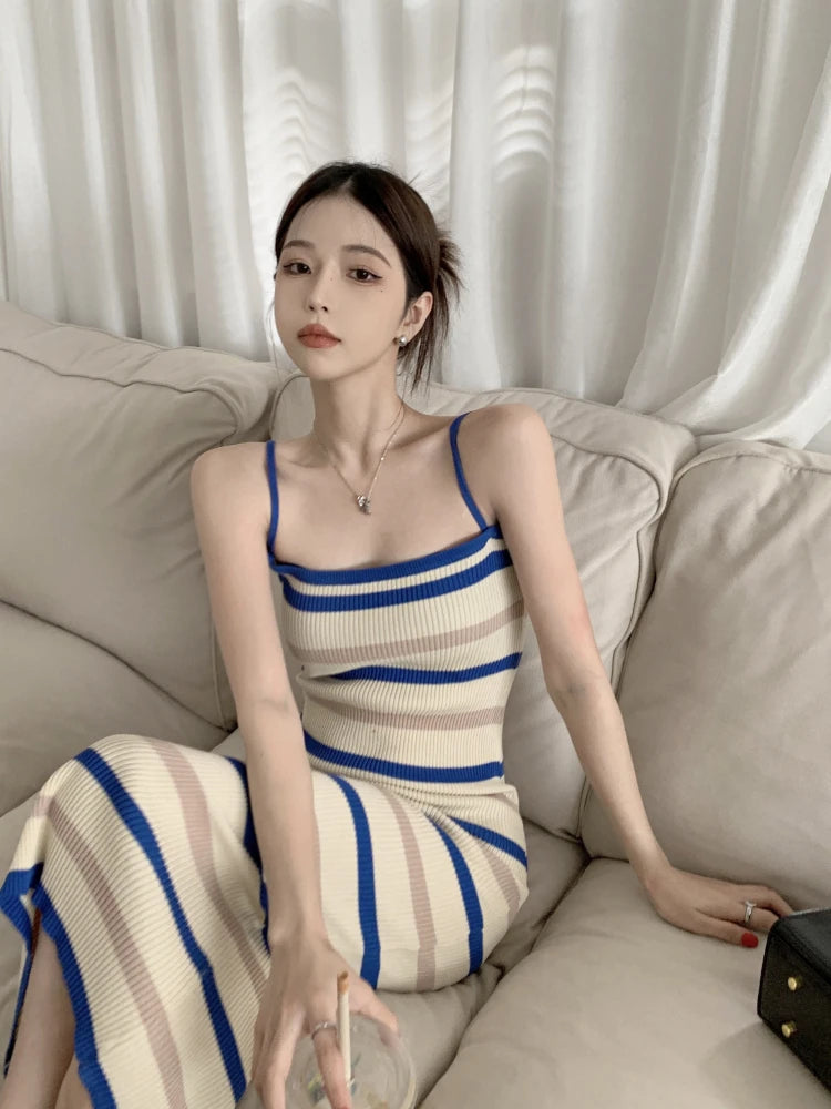 Sleeveless Slim fit Knitted Striped Mid Length Dresses