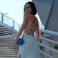 Knitted Fabric Hanging Strap Open Back Dress Solid Color Beach Long Dress