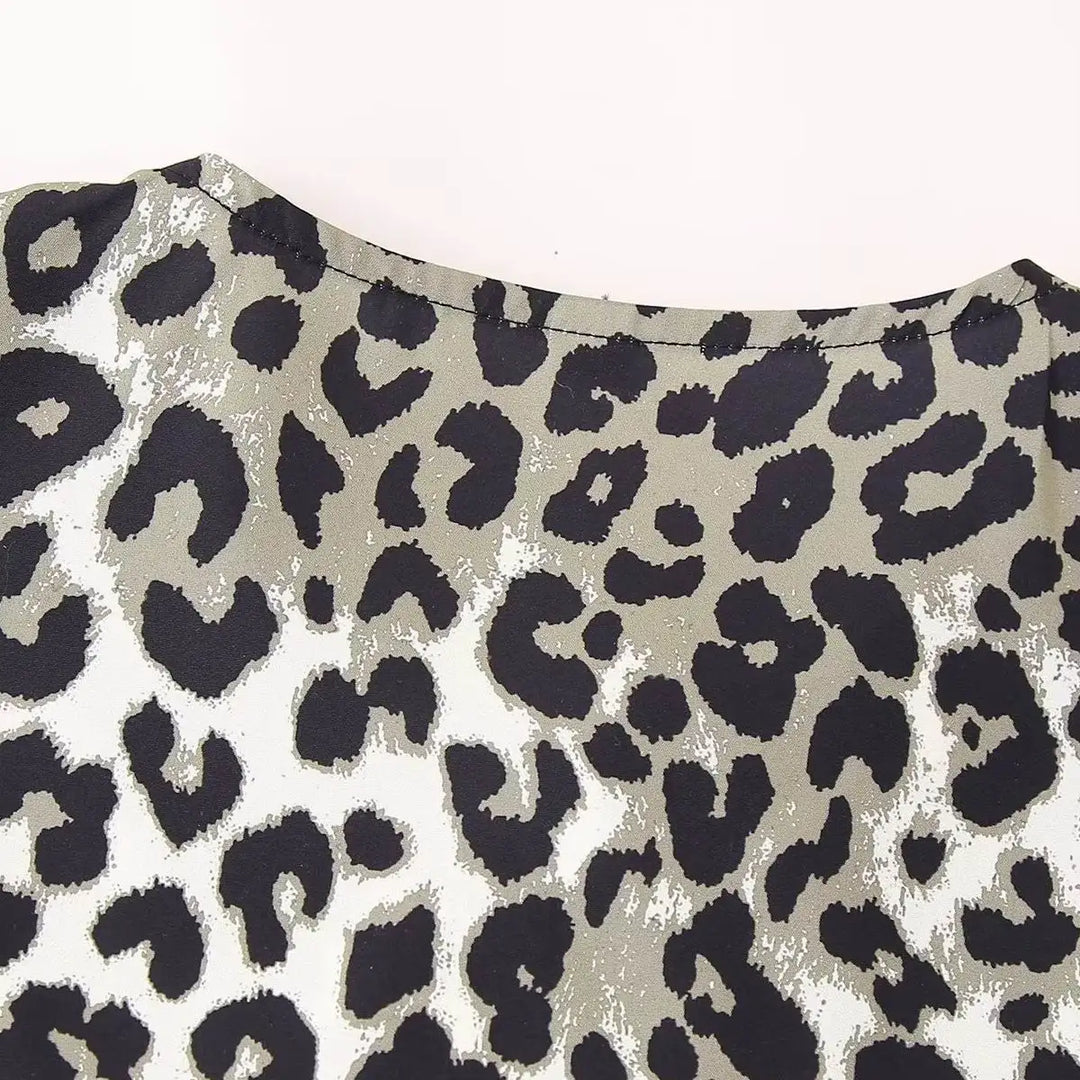 Leopard Blouse Puff Sleeve Crop Top Women's Summer Clothing