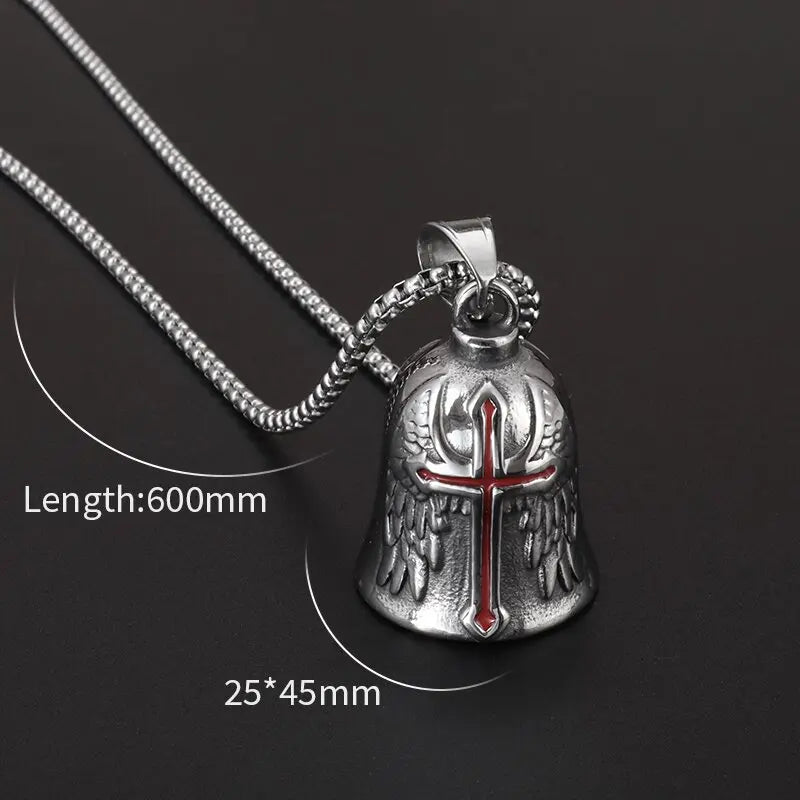 Red Cross Silver-Plated Wings Motorcycle Bell Pendant Necklace