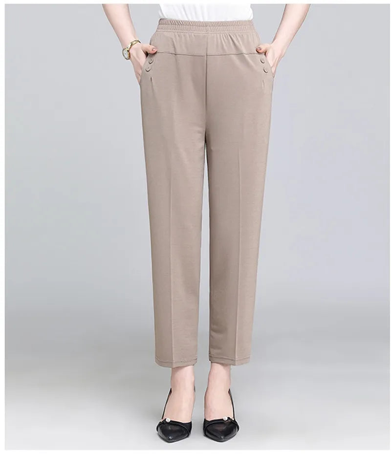 Spring Summer Pants Thin Elastic Waist Loose Cotton