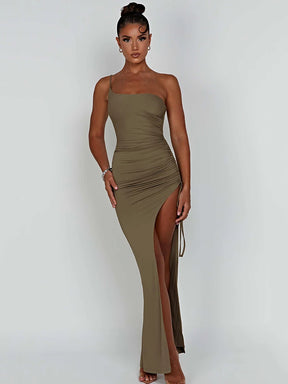 Drawstring High Slit Shoulder Slim Elastic Maxi Bodycon Dress