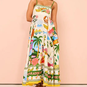 Beach Spaghetti Strap Long Dress Printed Backless Sleeveless Drawstring Dress