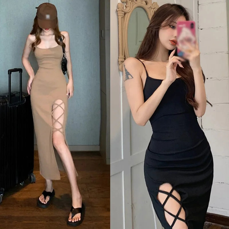 French Slim Fit Split Strap Dress Sleeveless Strap Dress