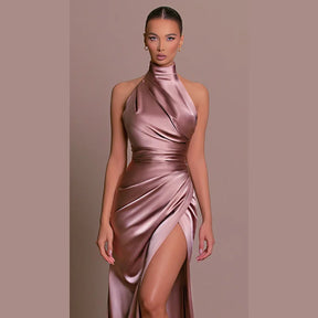 Satin Sleeveless Backless Halter Side Slit Sexy Elegant Maxi Dress