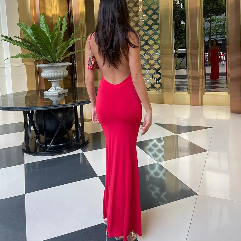 Solid Sleeveless Backless Elegant Sexy Bodycon Y2K Maxi Prom Dress