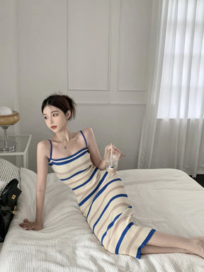 Sleeveless Slim fit Knitted Striped Mid Length Dresses