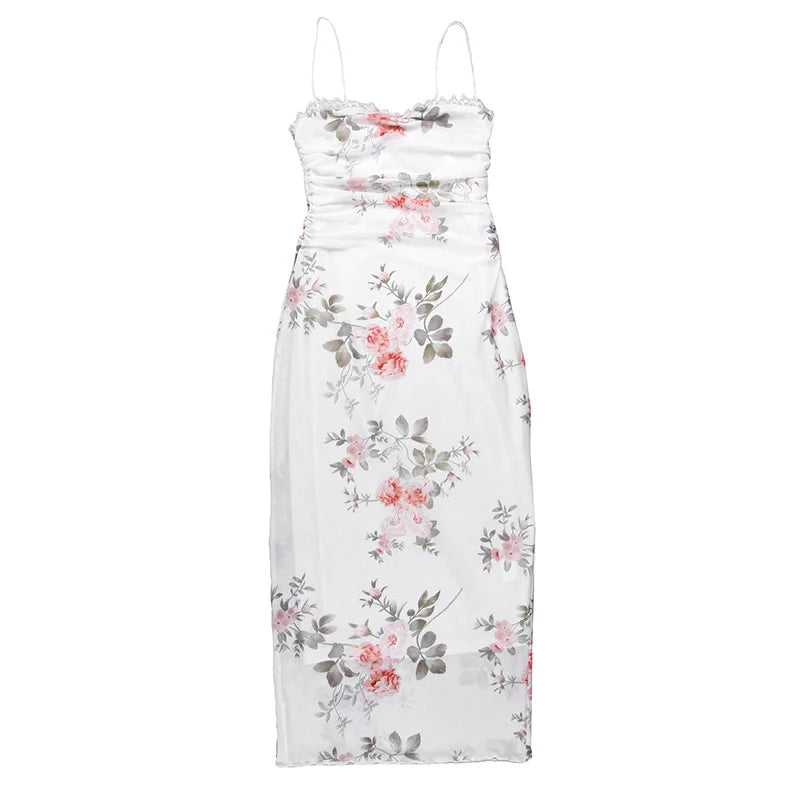 Elegant Flower Print Suspender Dress Women Fashion Off Shoulder Backless Midi Dresses