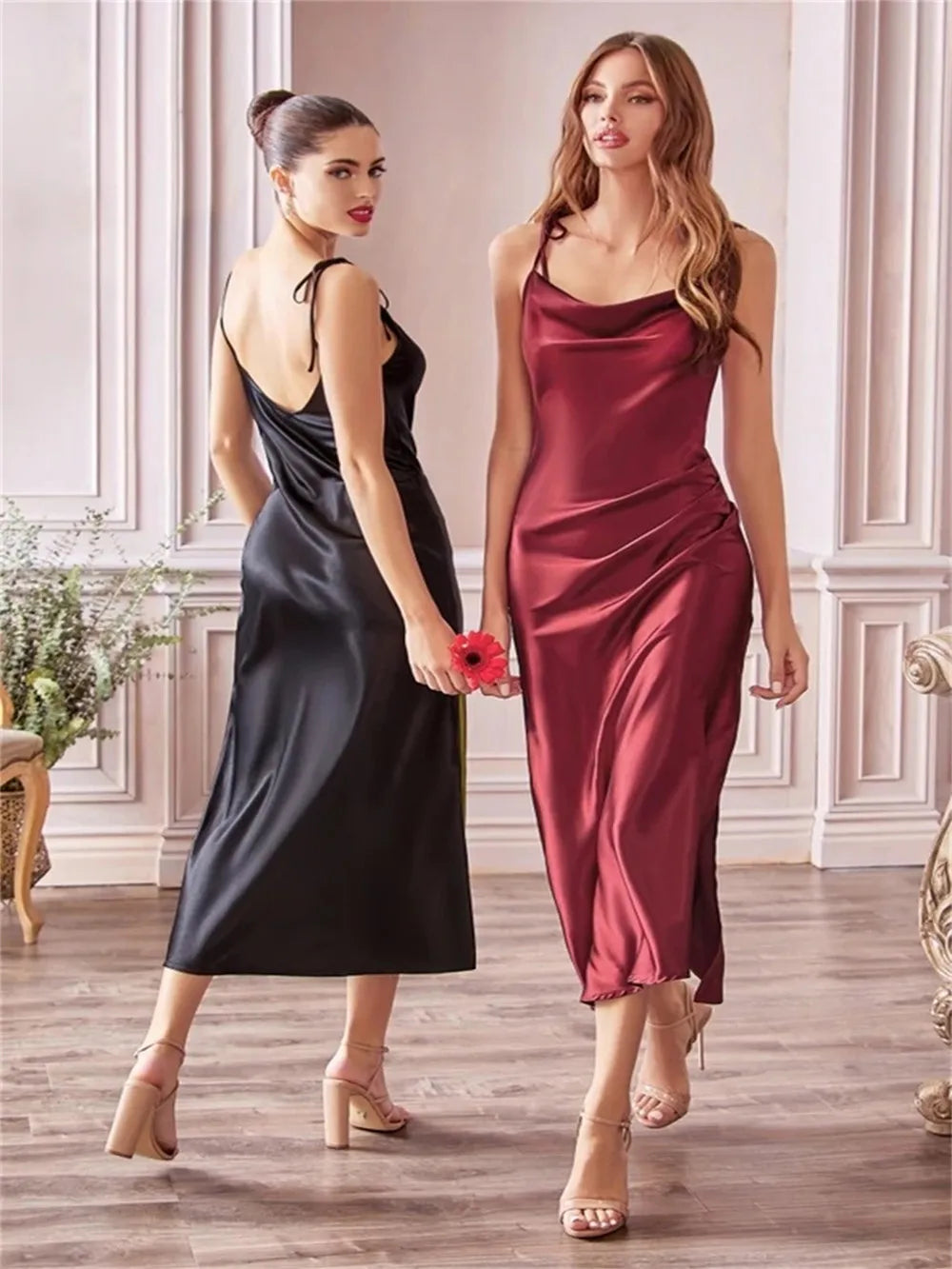 Burgundy Satin Beach Side Slit Adjustable Straps Evening Prom Dress