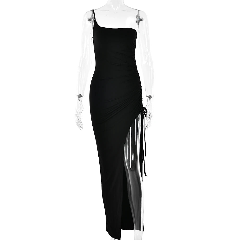 Drawstring High Slit Shoulder Slim Elastic Maxi Bodycon Dress