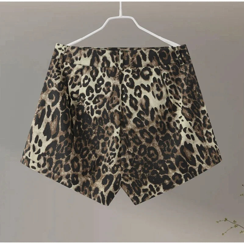 Leopard Print Shorts Women Denim Short Pants