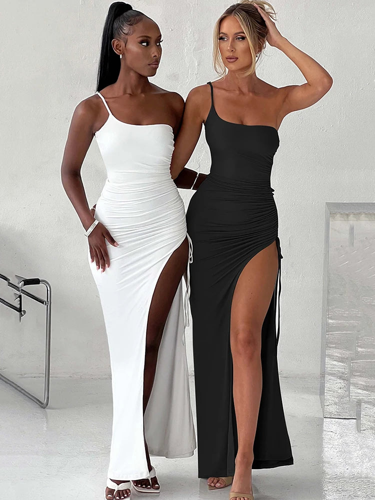 Drawstring High Slit Shoulder Slim Elastic Maxi Bodycon Dress