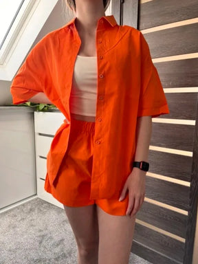 Summer Single breasted Top Broad legged Shorts Set Solid Suits