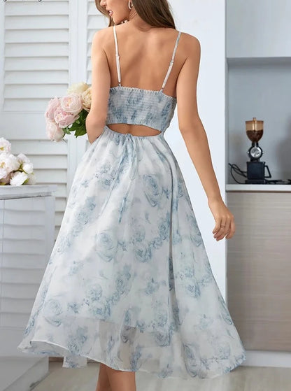 Floral Spaghetti Strap Dress Elastic Ruched Sexy Hollow Backless Party Dress