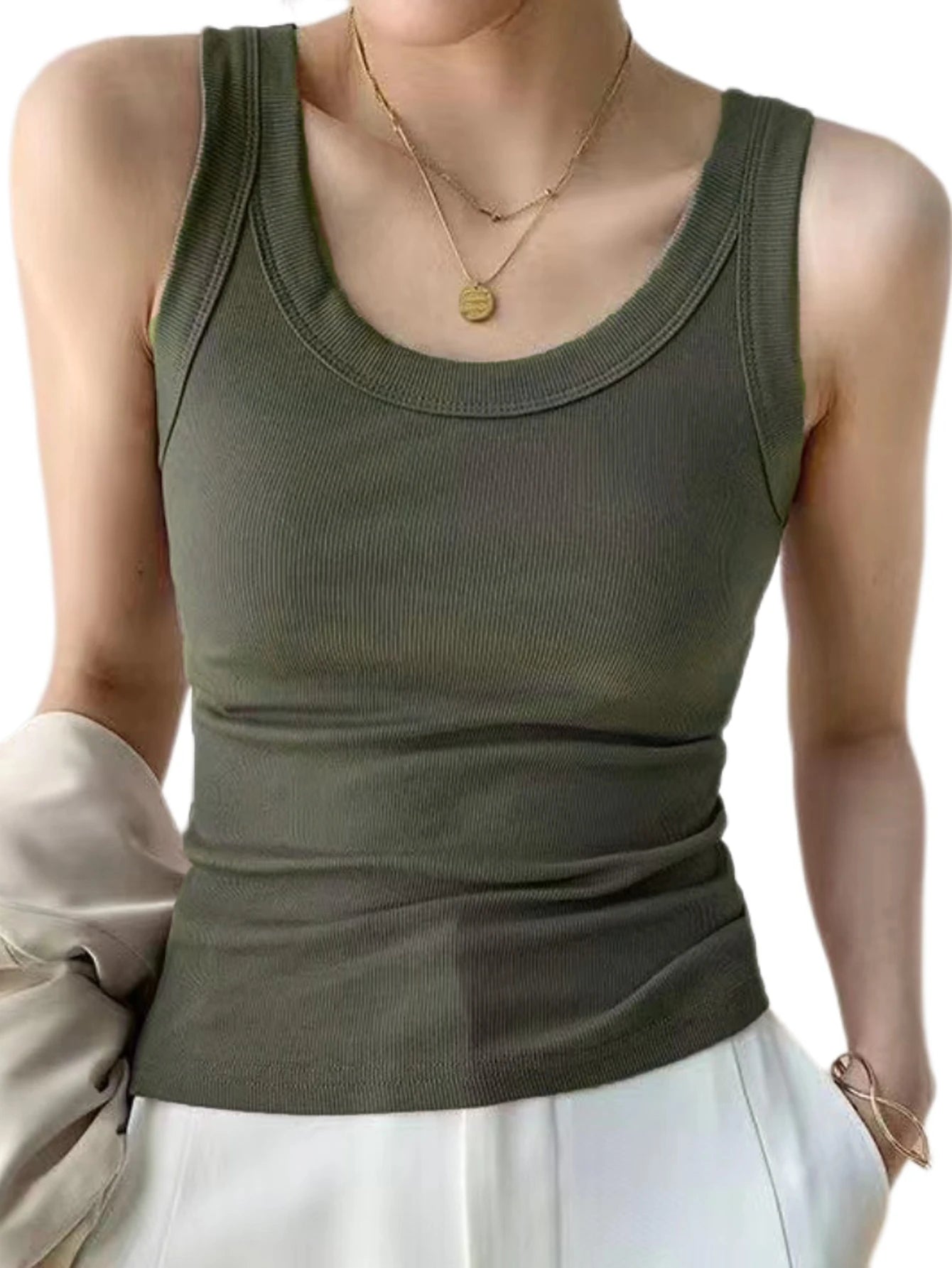 Women Ribbed Tank Top Solid Sleeveless Round Neck Top