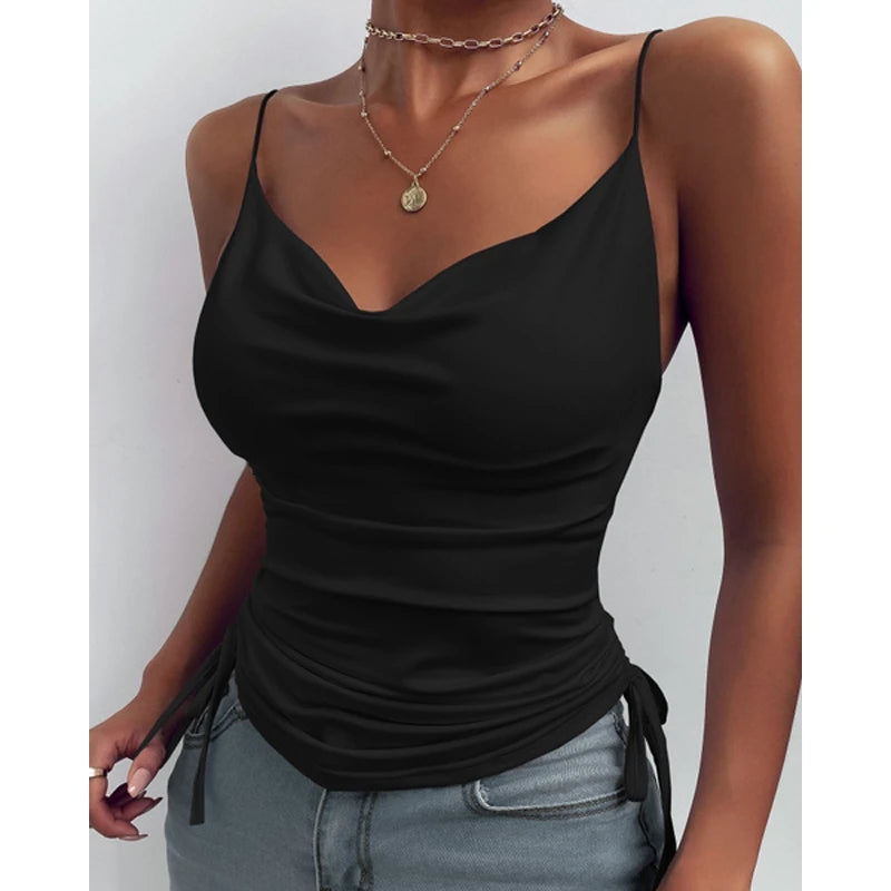 Tank Top V Neck Camisole Cami Drawstring Spaghetti Strap Top