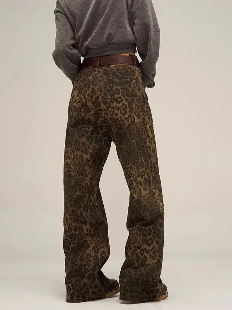 Leopard Print Y2k Jeans Women Oversized Wide Leg Denim Trousers Streetwear
