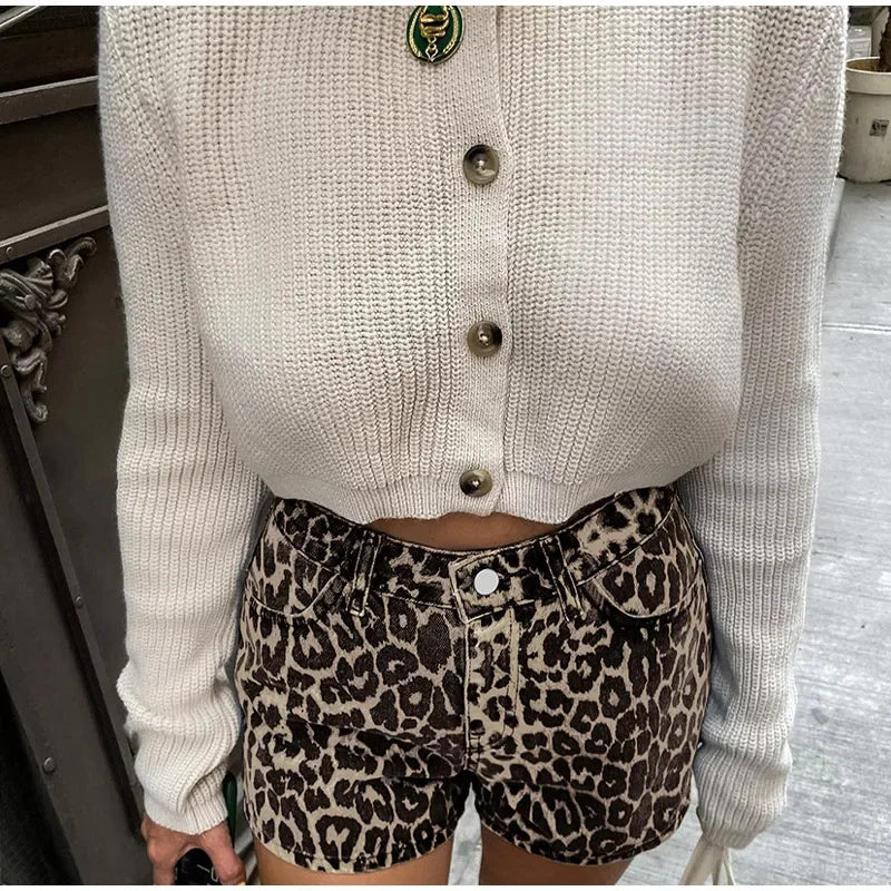 Leopard Print Shorts Women Denim Short Pants