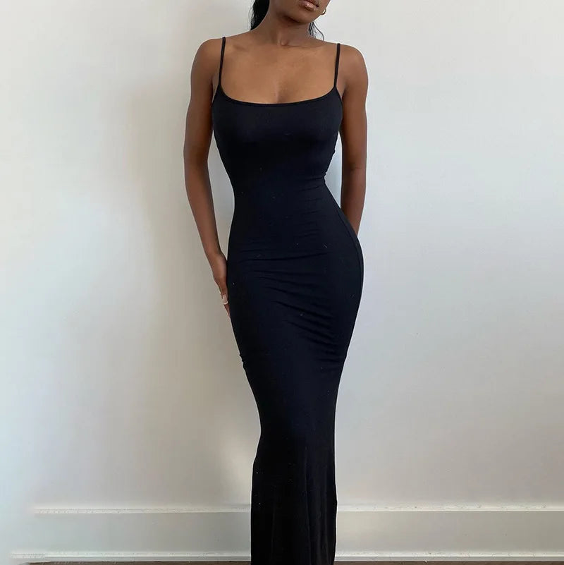 Spaghetti Strap Black Long Sleeveless Skinny Bodycon Dress Y2k