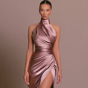 Satin Sleeveless Backless Halter Side Slit Sexy Elegant Maxi Dress