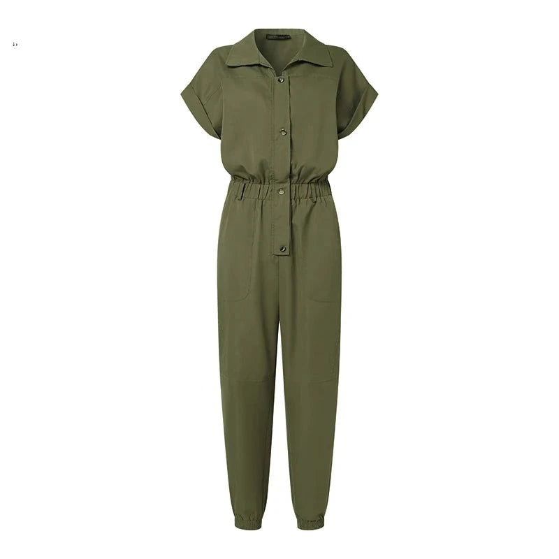 OL Work Jumpsuit Vintage Cargo Rompers Woman Lapel Neck Short