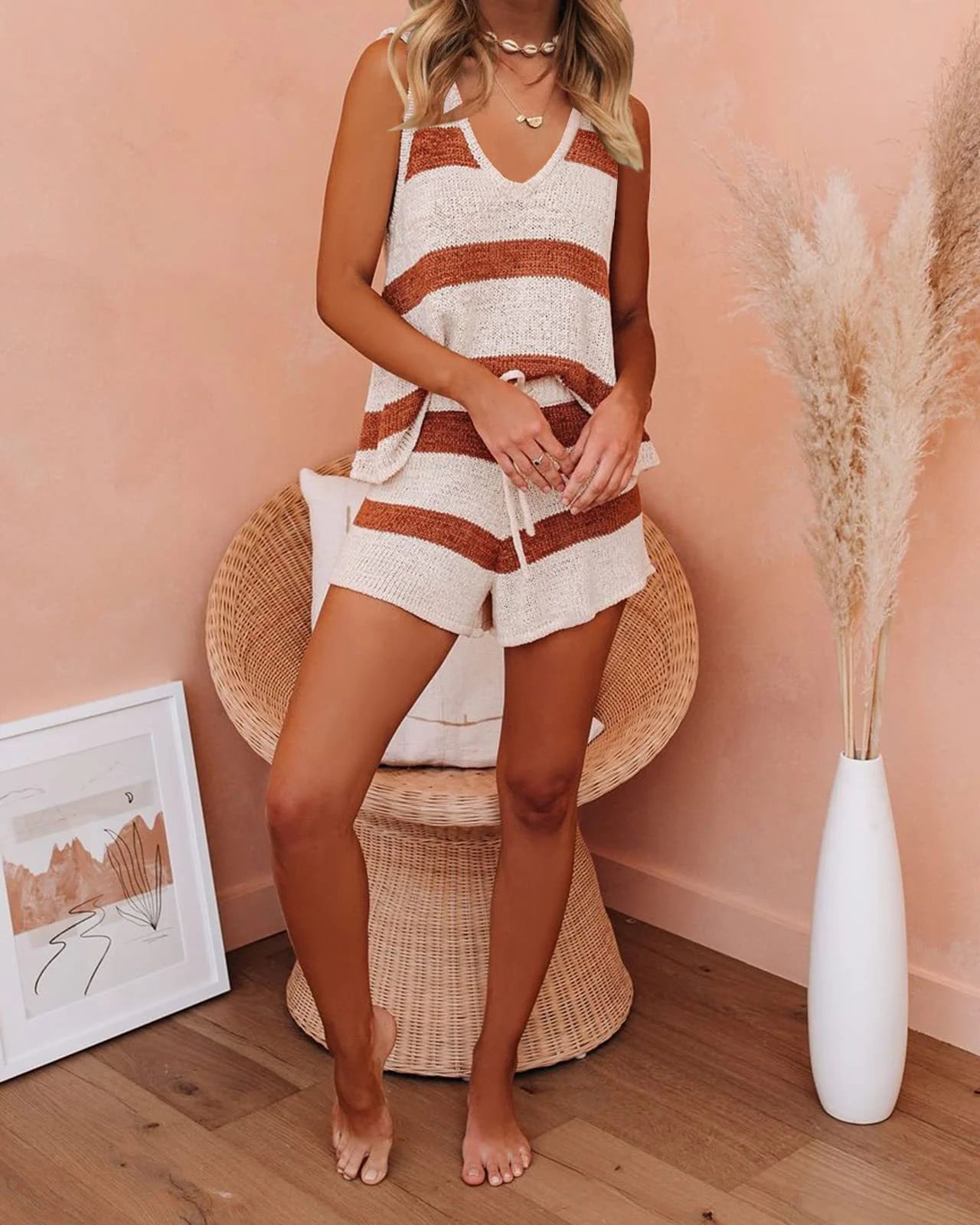 Deep V-Neck Vest Tie-Down Knitted Women Sweater Set Two-Piece Set