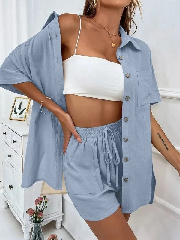 Summer Single breasted Top Broad legged Shorts Set Solid Suits