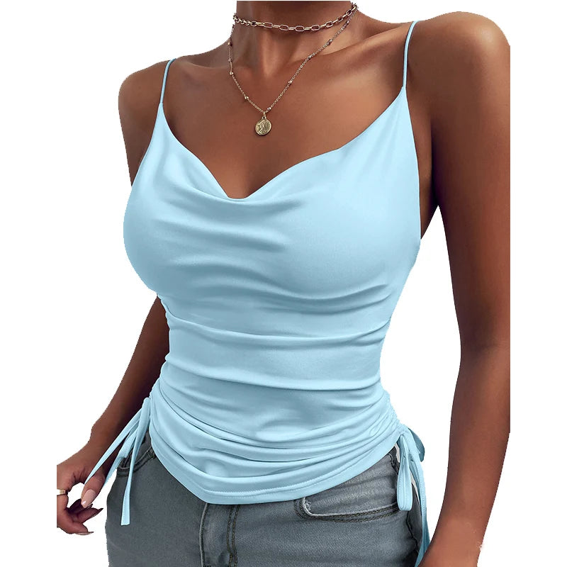 Tank Top V Neck Camisole Cami Drawstring Spaghetti Strap Top