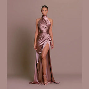 Satin Sleeveless Backless Halter Side Slit Sexy Elegant Maxi Dress