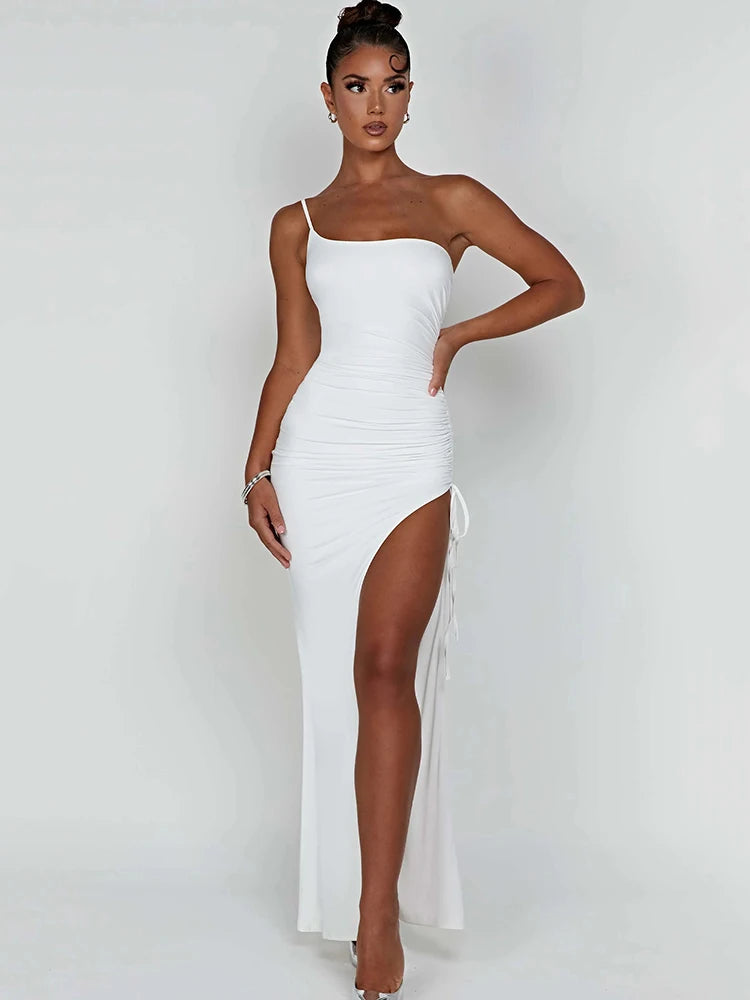 Drawstring High Slit Shoulder Slim Elastic Maxi Bodycon Dress