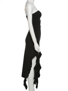 Elegant Strapless Dress Women Irregular Tassel Skinny Split Maxi Bodycon