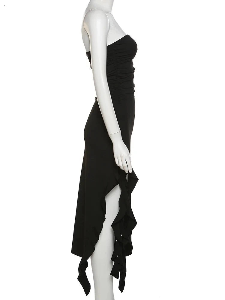 Elegant Strapless Dress Women Irregular Tassel Skinny Split Maxi Bodycon