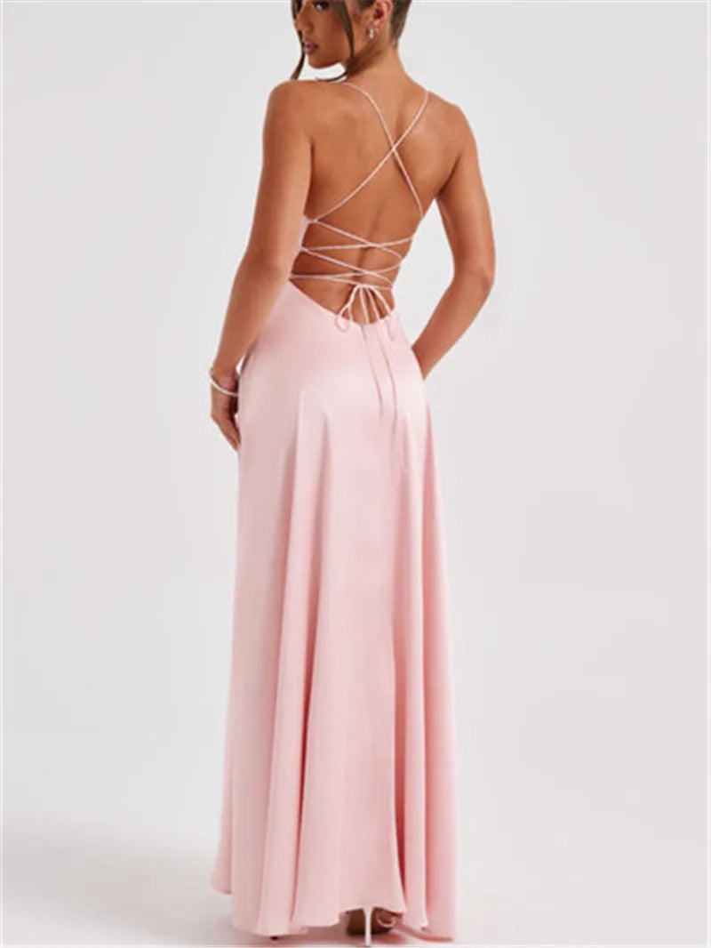 Formal Dress Elegant Solid Color Backless Split Evening Gown