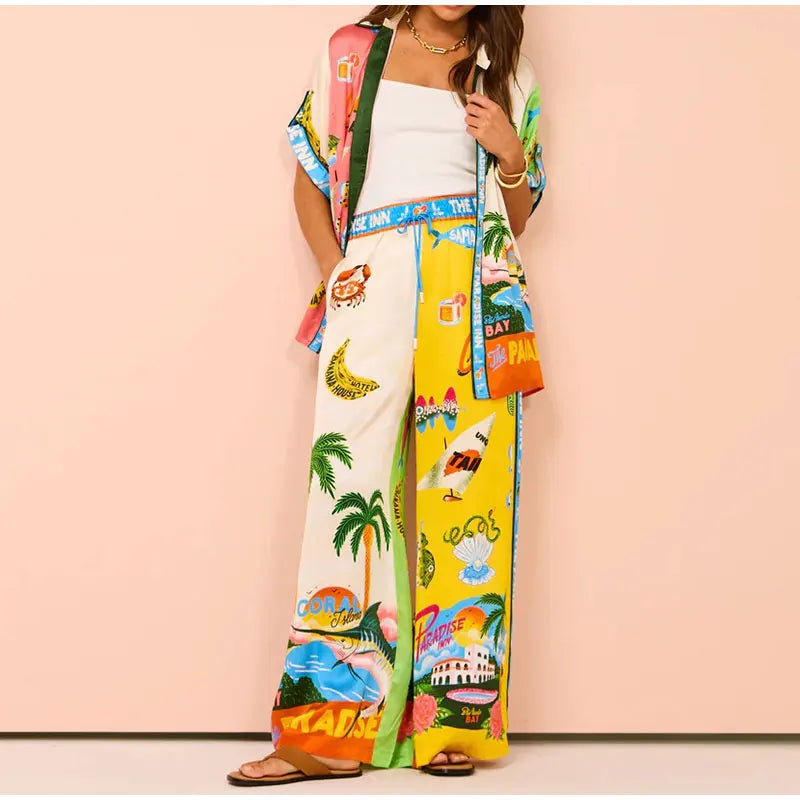 Beach Printed Lapel Shirt Pants Suits