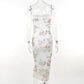 Elegant Flower Print Suspender Dress Women Fashion Off Shoulder Backless Midi Dresses