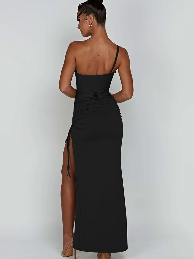 Drawstring High Slit Shoulder Slim Elastic Maxi Bodycon Dress