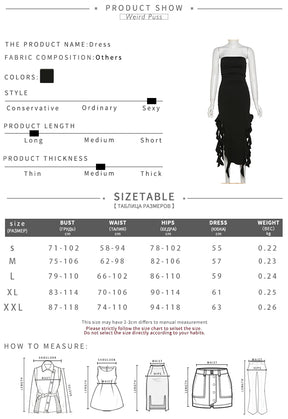 Elegant Strapless Dress Women Irregular Tassel Skinny Split Maxi Bodycon