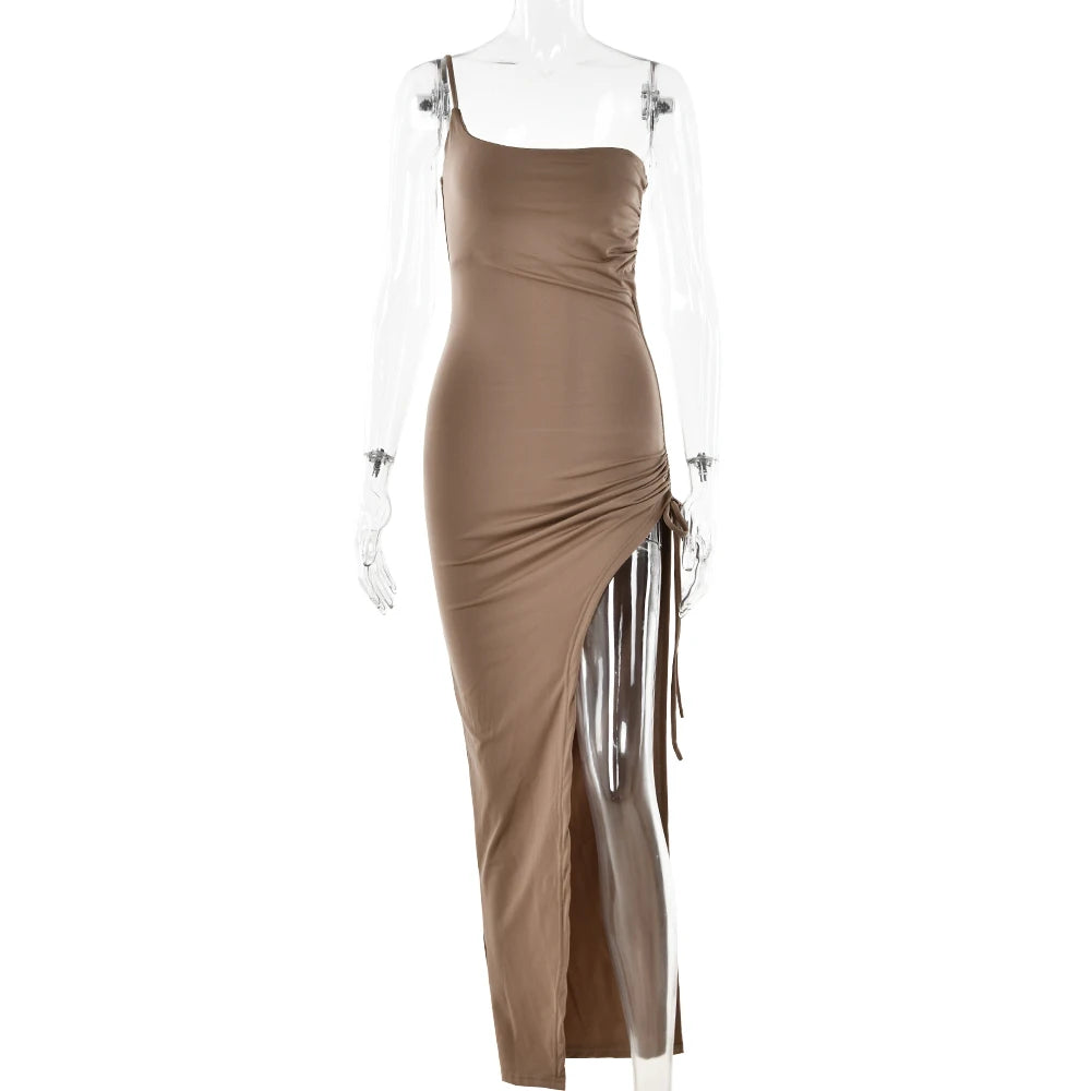 Drawstring High Slit Shoulder Slim Elastic Maxi Bodycon Dress