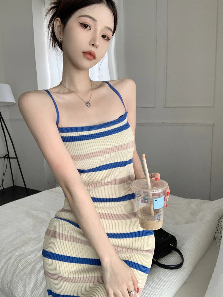 Sleeveless Slim fit Knitted Striped Mid Length Dresses