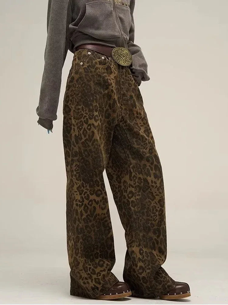 Leopard Print Y2k Jeans Women Oversized Wide Leg Denim Trousers Streetwear