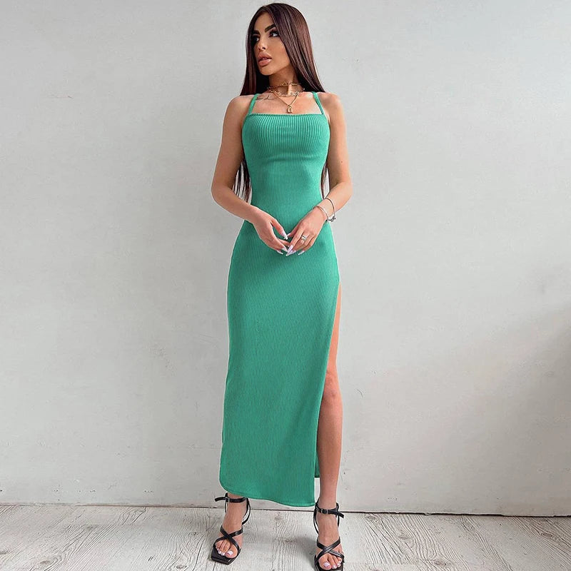 Backless Bandage Slit Dress Knitted Fabric Solid Color Strap Long Dress